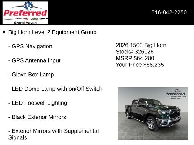 2026 RAM Ram 1500 RAM 1500 BIG HORN CREW CAB 4X4 5'7' BOX
