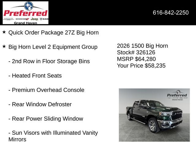 2026 RAM Ram 1500 RAM 1500 BIG HORN CREW CAB 4X4 5'7' BOX
