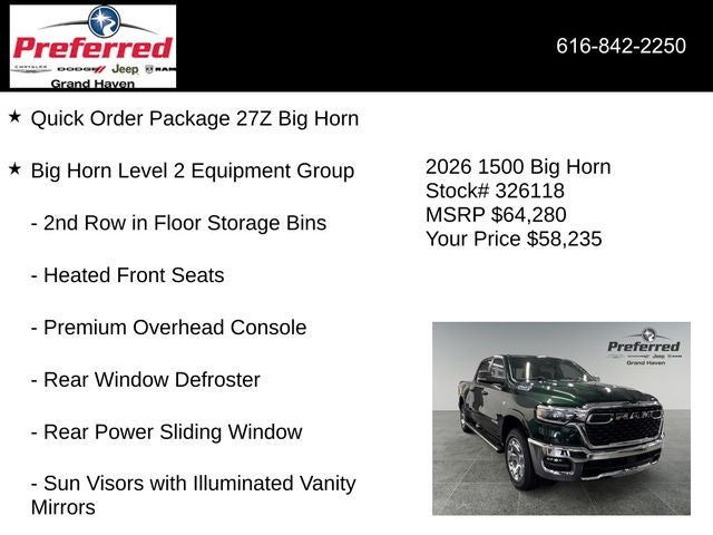 2026 RAM Ram 1500 RAM 1500 BIG HORN CREW CAB 4X4 5'7' BOX