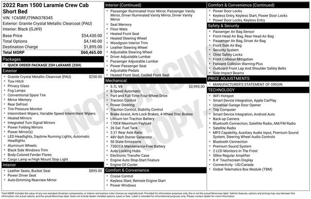 2022 RAM 1500 Laramie 5.7 Liter V8 Hemi Crew Cab 4WD