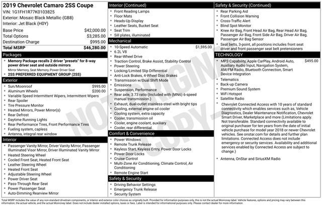 2019 Chevrolet Camaro SS 2SS 6.2 Liter V8 2D Coupe Automatic