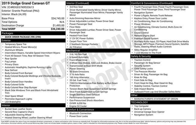 2019 Dodge Grand Caravan GT 3.6 Liter 7 Passenger 3rd Row Seating