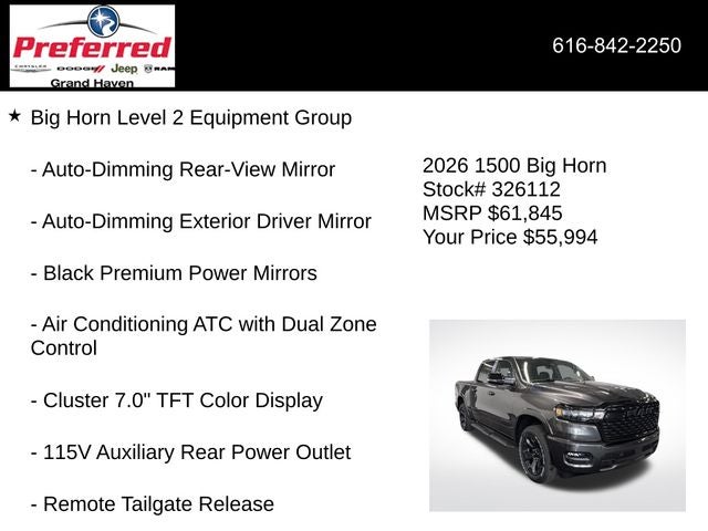 2026 RAM Ram 1500 RAM 1500 BIG HORN CREW CAB 4X4 5'7' BOX