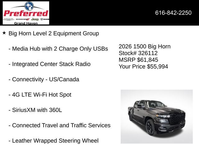 2026 RAM Ram 1500 RAM 1500 BIG HORN CREW CAB 4X4 5'7' BOX