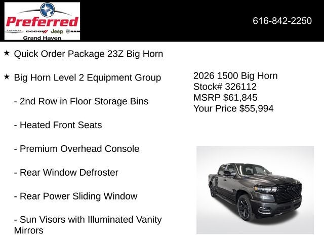 2026 RAM Ram 1500 RAM 1500 BIG HORN CREW CAB 4X4 5'7' BOX