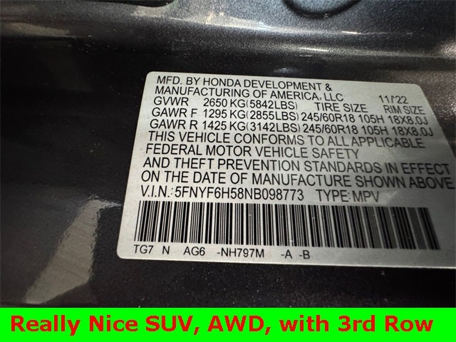 2022 Honda Pilot EX-L 3.5 Liter V6 AWD 3rd Row Seating