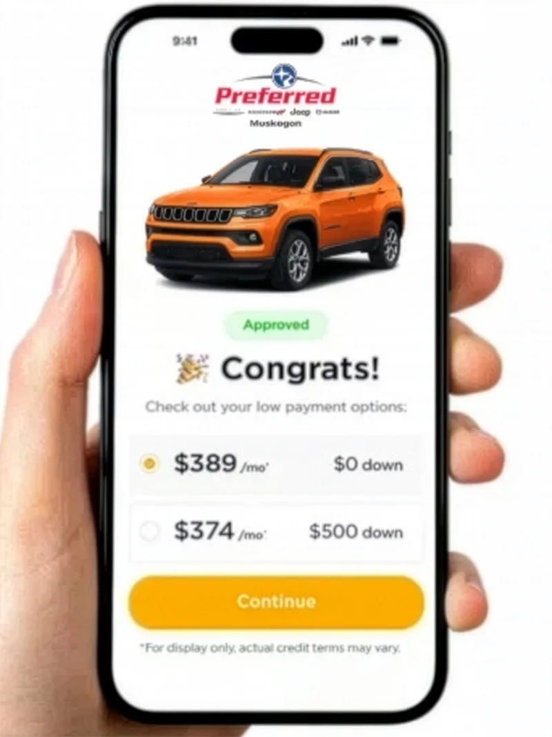 Hand holding a smartphone displaying the RightWay app, showing car loan approval with payment options for a red SUV.